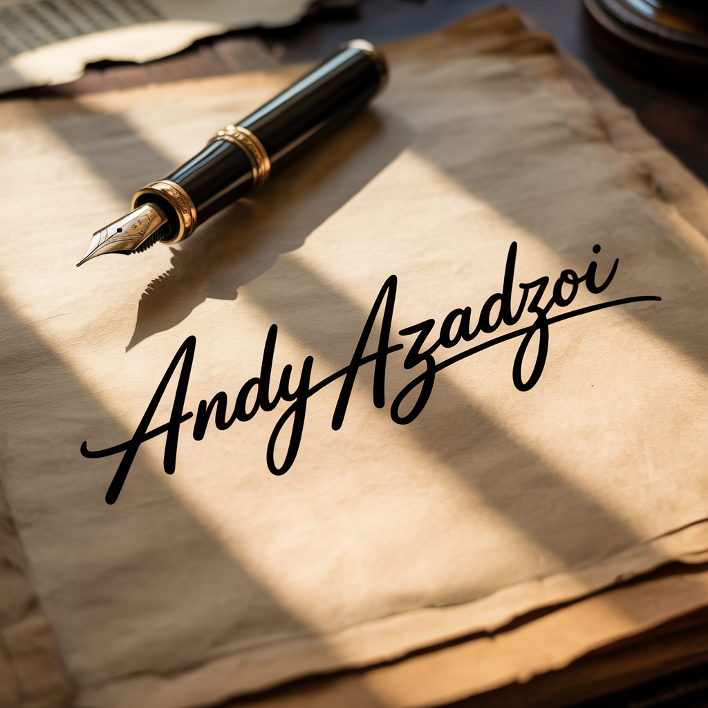 Andy Azadzoi signature logo on parchment paper with fountain pen